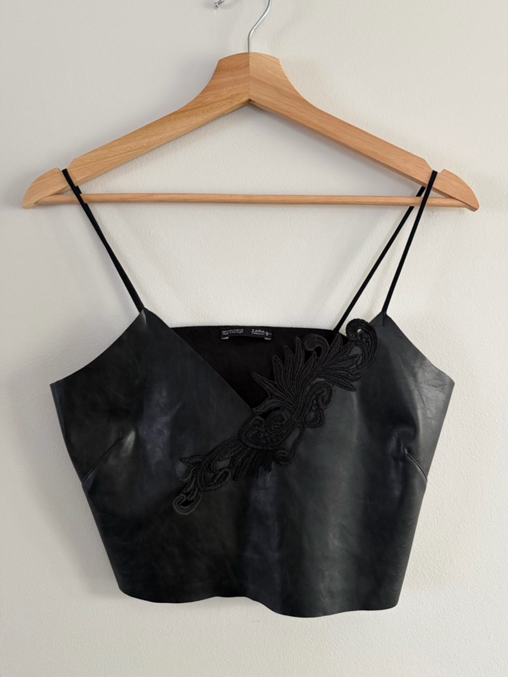 Zara Black Faux Leather Lace-Trim Crop Cami